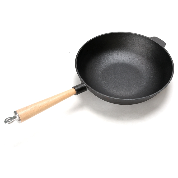 Cast Iron Wok Pan 14.2" Large Wok Stir Fry Pan Flat Bottom Wok with Lid and Wood Handle