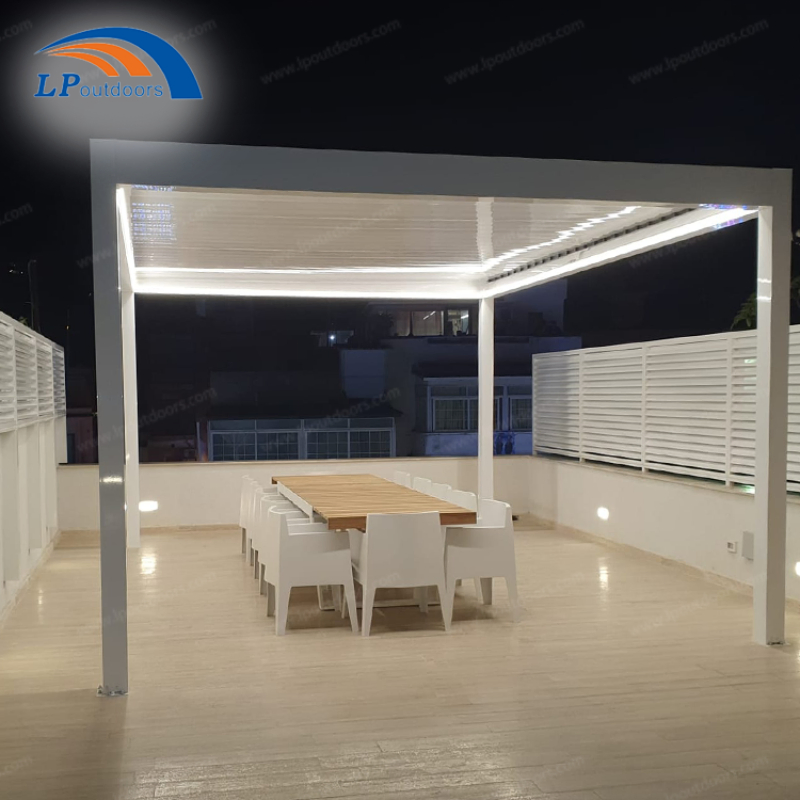 Sleek White Louvered Pergola with Integrated LED Lighting