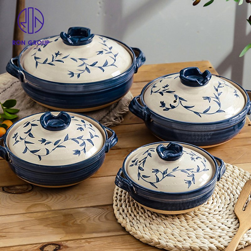 Hot Sale Japanese Style Restaurant Blue Pattern Clay Cooking Pot Ceramic Casserole Terracotta Pot