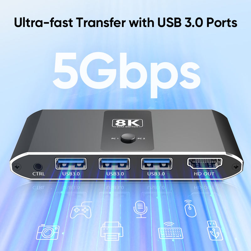 8K Kvm Switch HD Mi 2 Port USB Kvm Switch Support 8K for 2 Computers Share Keyboard Printer Scanner Mouse Keyboard