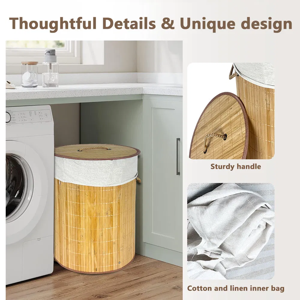 Foldable Large Bamboo Laundry Basket with Liner with Lid and Handle