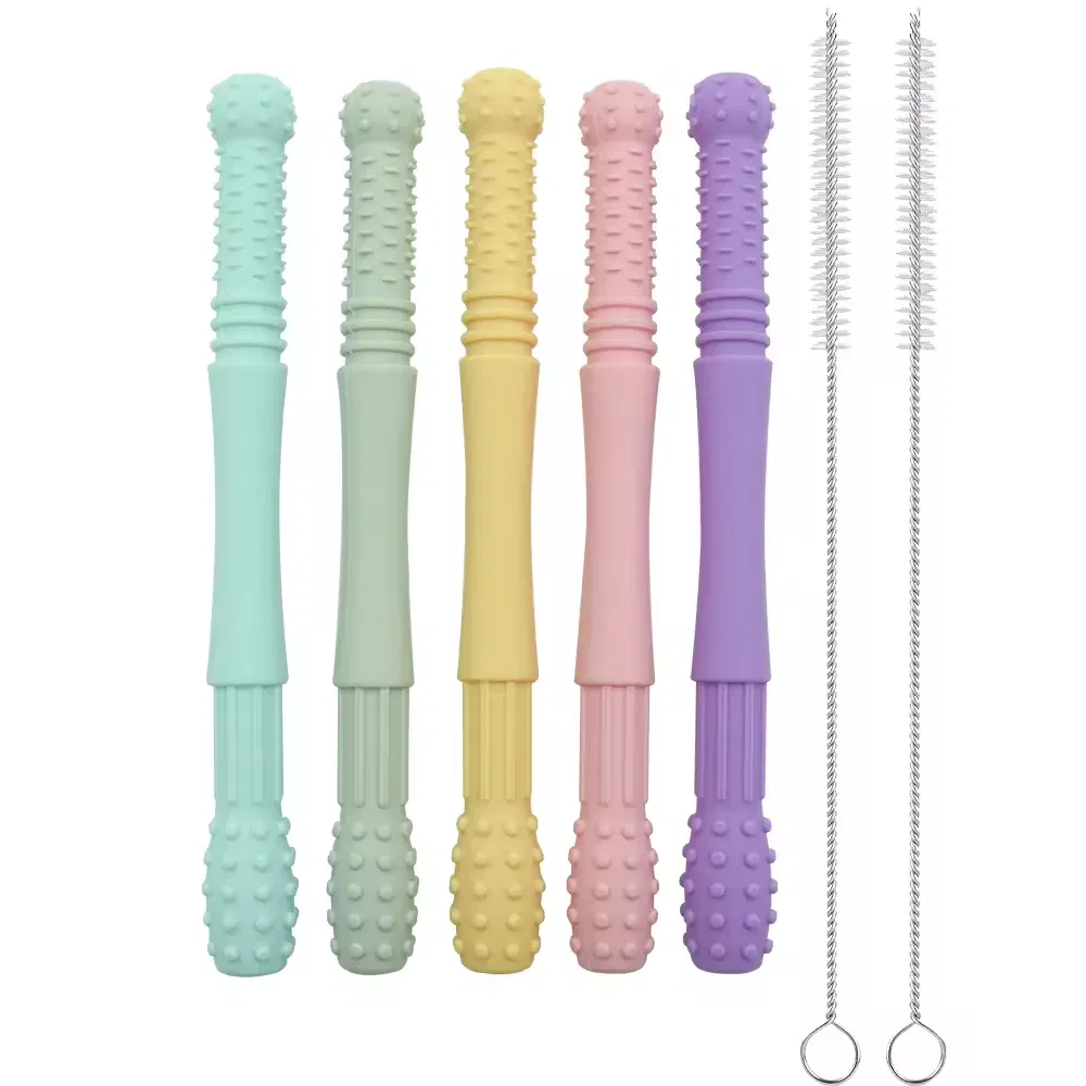Food Grade Safe Soft Durable Silicone Teething Straw Tube Baby Hollow Teether Sensory Toy Straw Gum Massager for Infants 3-12 Months