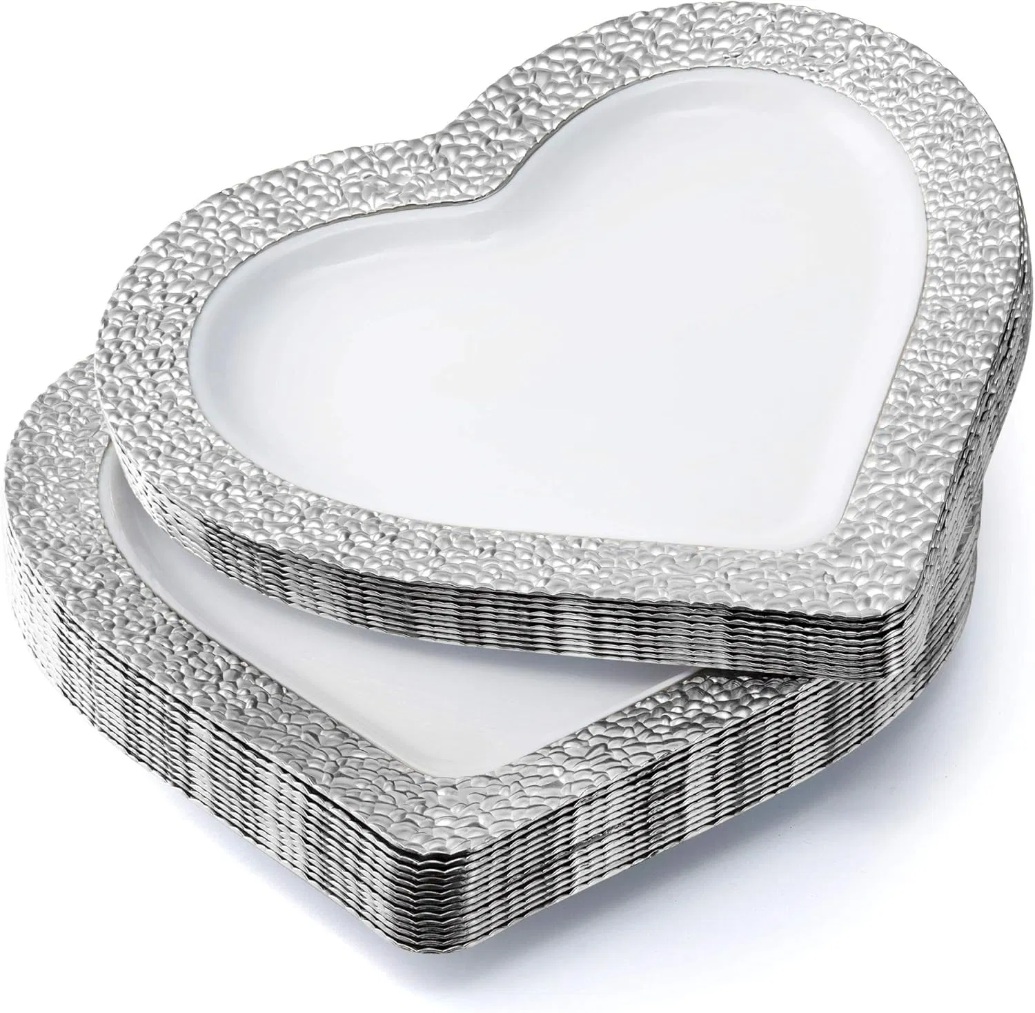Elegant Heart Shaped White Plastic Dinner Plates with Silver Trim