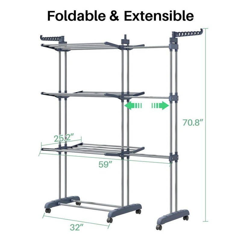 Sanipro High Quality 4-Tier Folding Clothing Hanger Indoor/Outdoor Multifunction Adjustable Clothes Drying Rack with Wheels