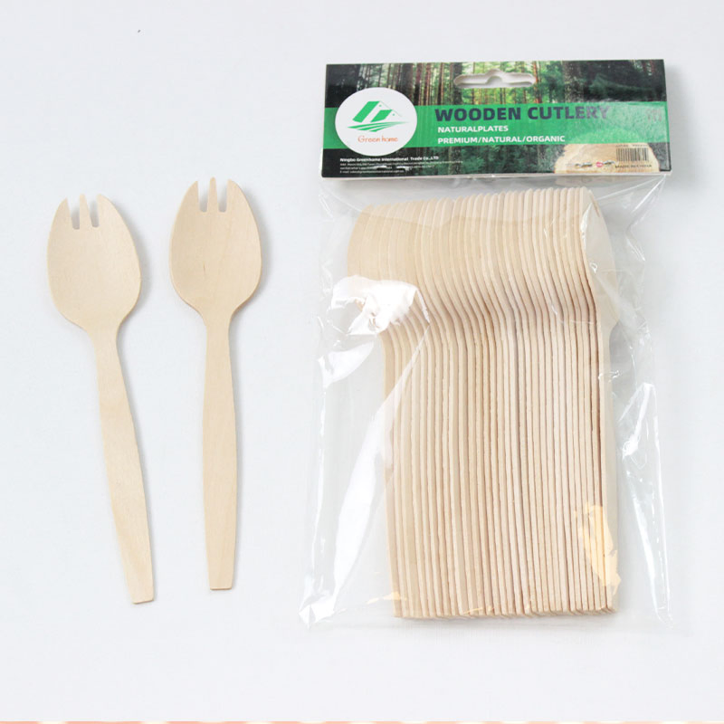 Compost Disposale Wooden Cutlery Birch Wood 146mm Spork in One Poly Bag