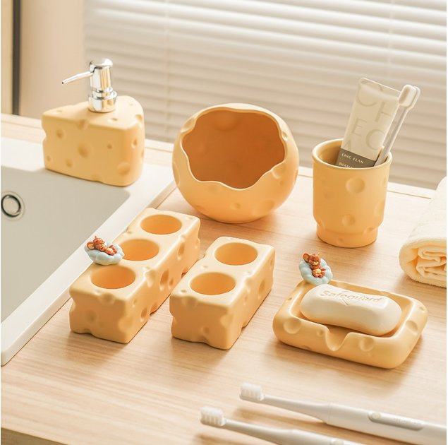 Cute Cheese-Shaped Ceramic Mouthwash Cup Premium Toothbrush Cup for Bathroom Sink