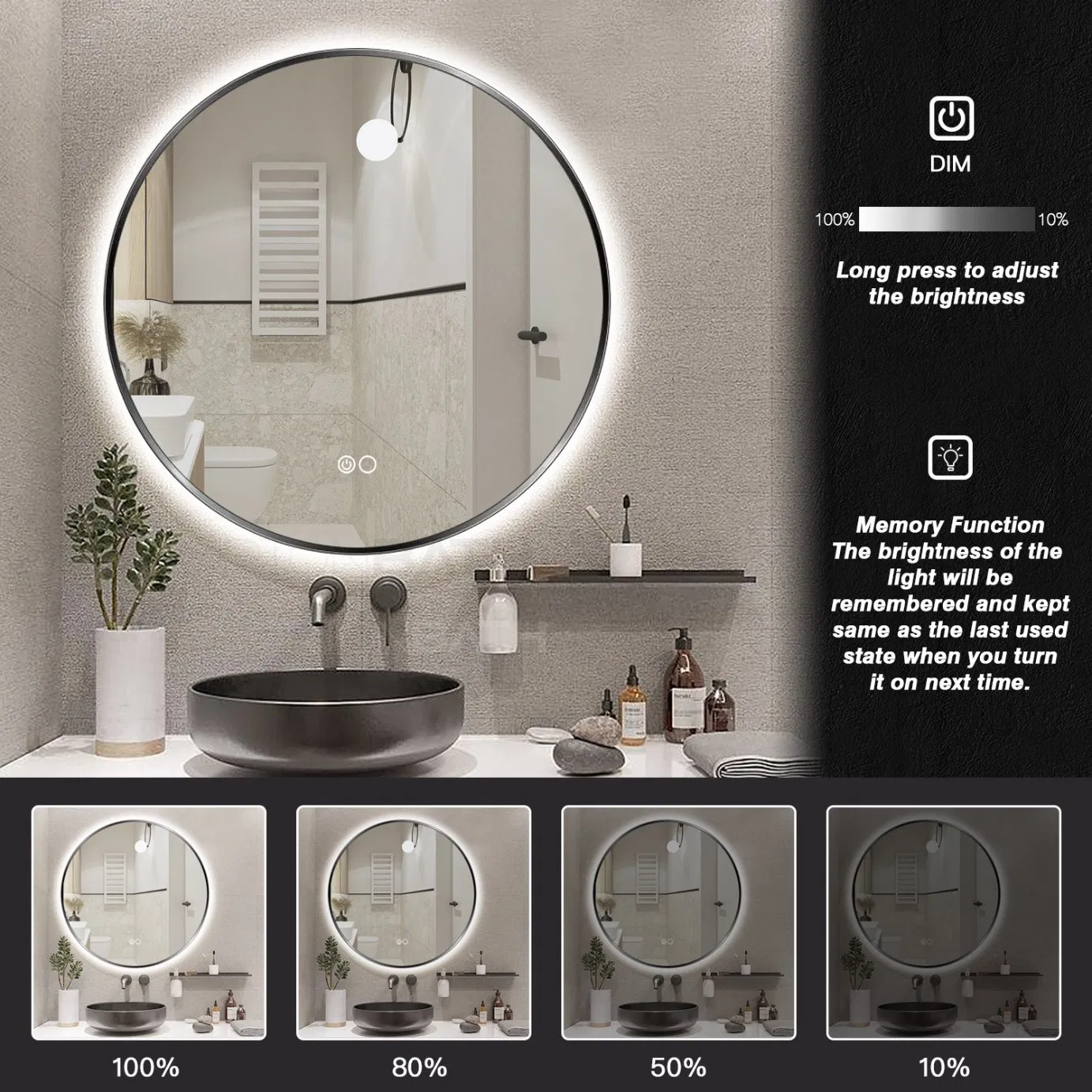 Ortonbath Round Black Metal Framed Backlit Round Make up Smart Bathroom Backlit Anti Fog Vanity LED Light Mirror Wall Mirror Bath LED Mirror