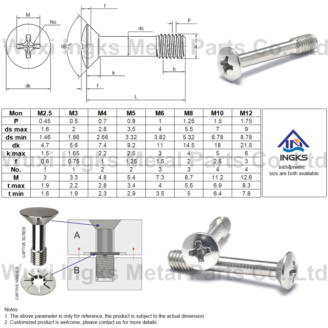 Professional SS304 SS316 Stainless Steel Phillips Oval Head Captive Panel Screws