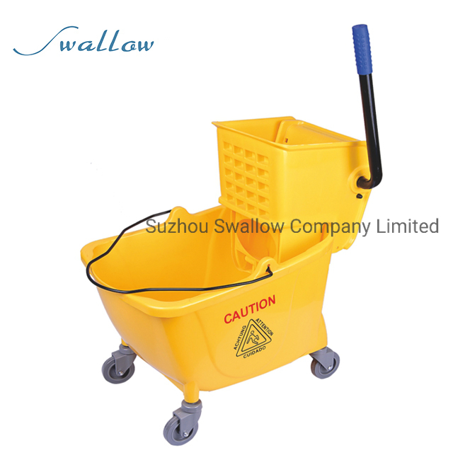 China Hospital Airport Cleaning Folded Hand Double Bucket Mop Wringer Trolley