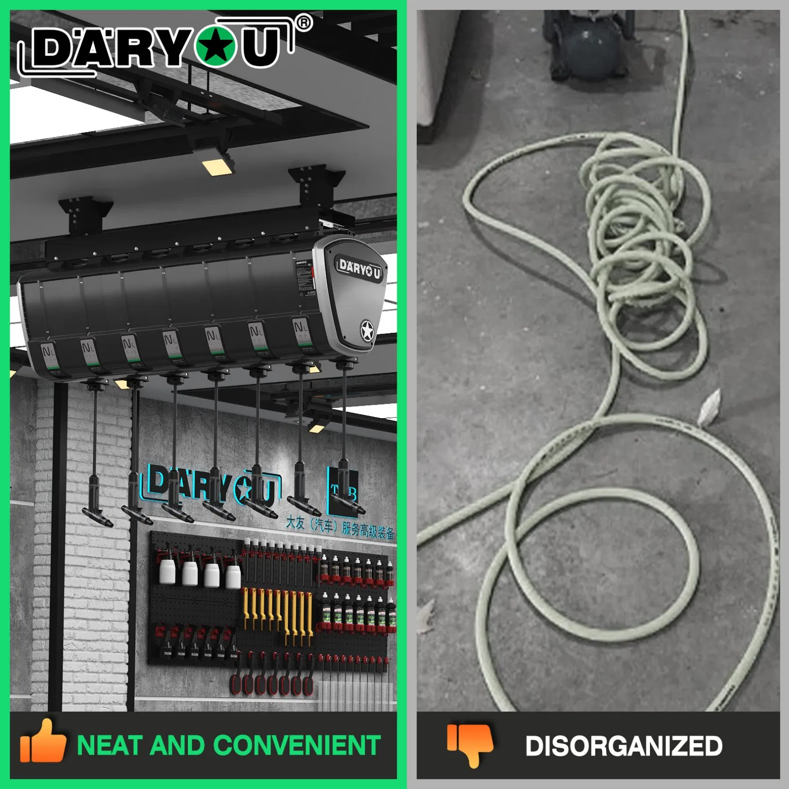 Daryou Wall Mounted Retractable Extension Cord Reel Combination Hose Reel Water/Air/Electric Hose Reel for Car Beauty