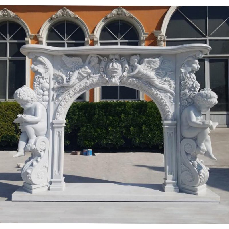 Fireplace Surround with Sculptures of Reading Babies and Angels