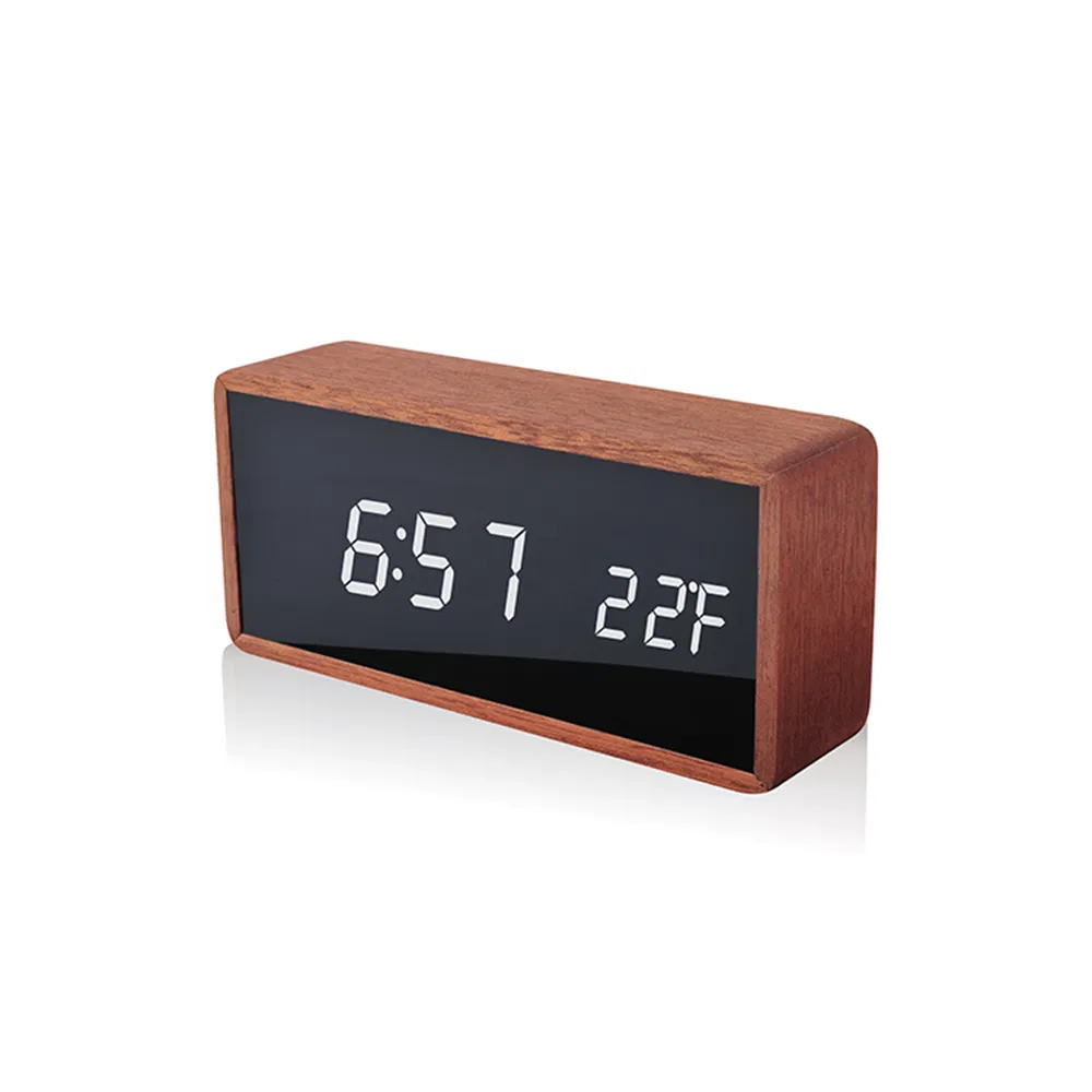 Solid Wooden LED Alarm Temperature Clock with Mirror Face