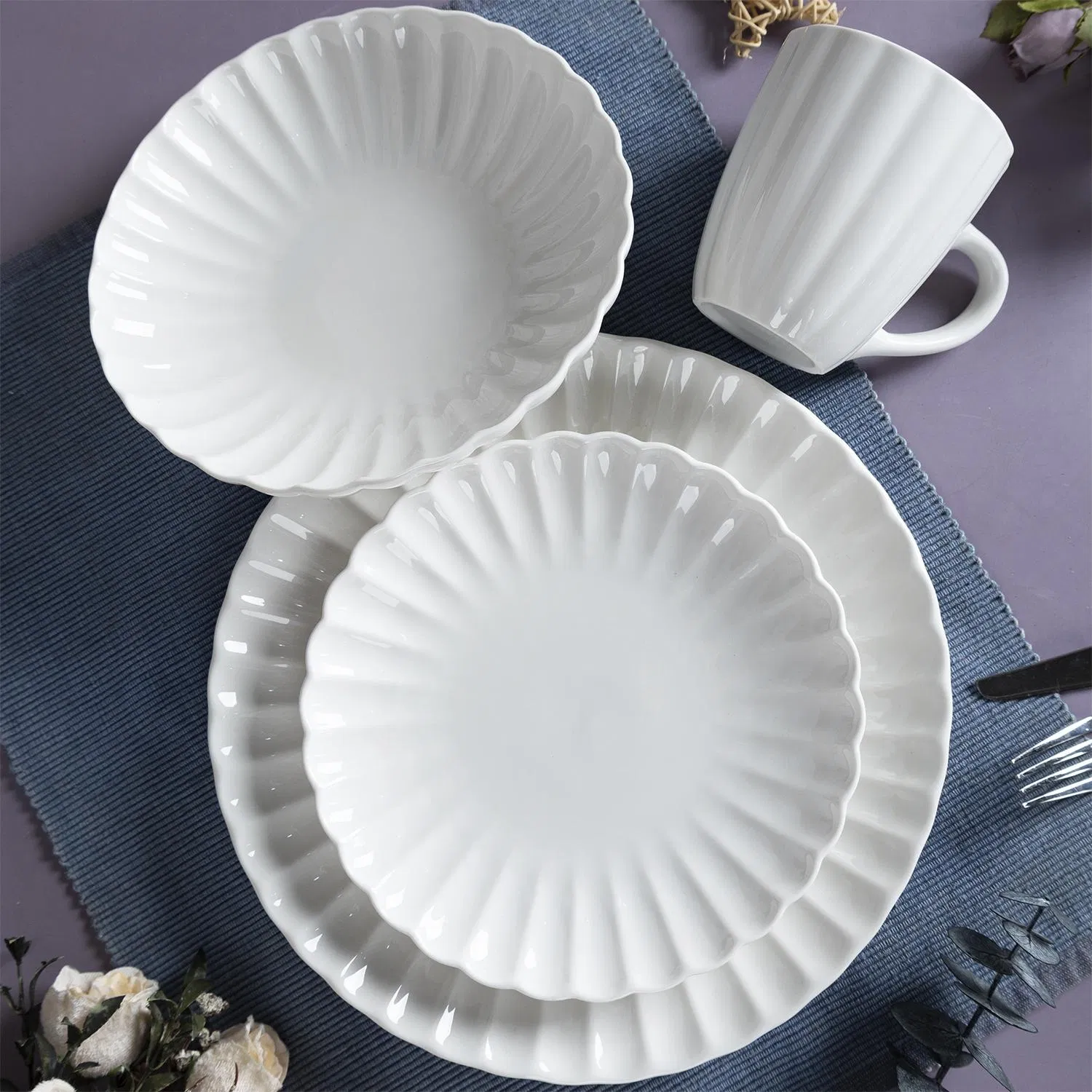 Wholesale European Style Dinner Plate French Perle Scallop Dinner Set White Porcelain Ceramic Tableware Dinnerware Set