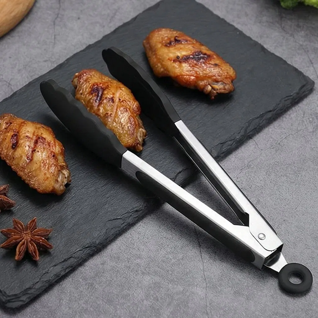 High-Temperature Resistant Stainless Steel Kitchen Bread Tongs with Silicone Tips, Kitchen Tool Accessories