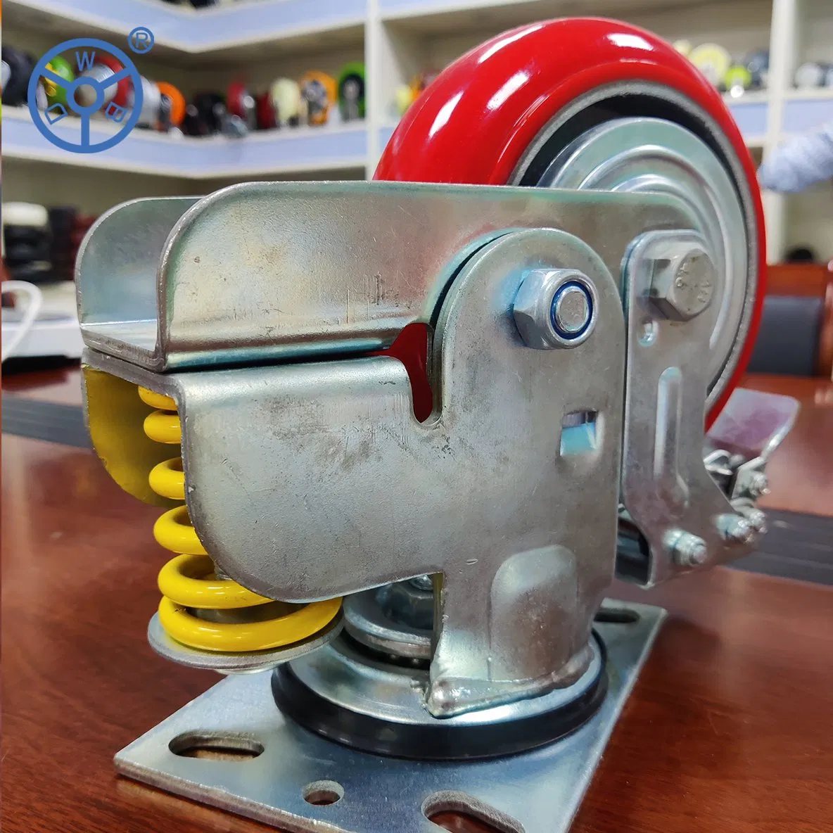 Wbd 5 6 8 Inch Industrial High Load Shock Absorbing Castor Single Spring Loaded Casters Swivel Locking Caster with Cast Iron Core PU Wheel