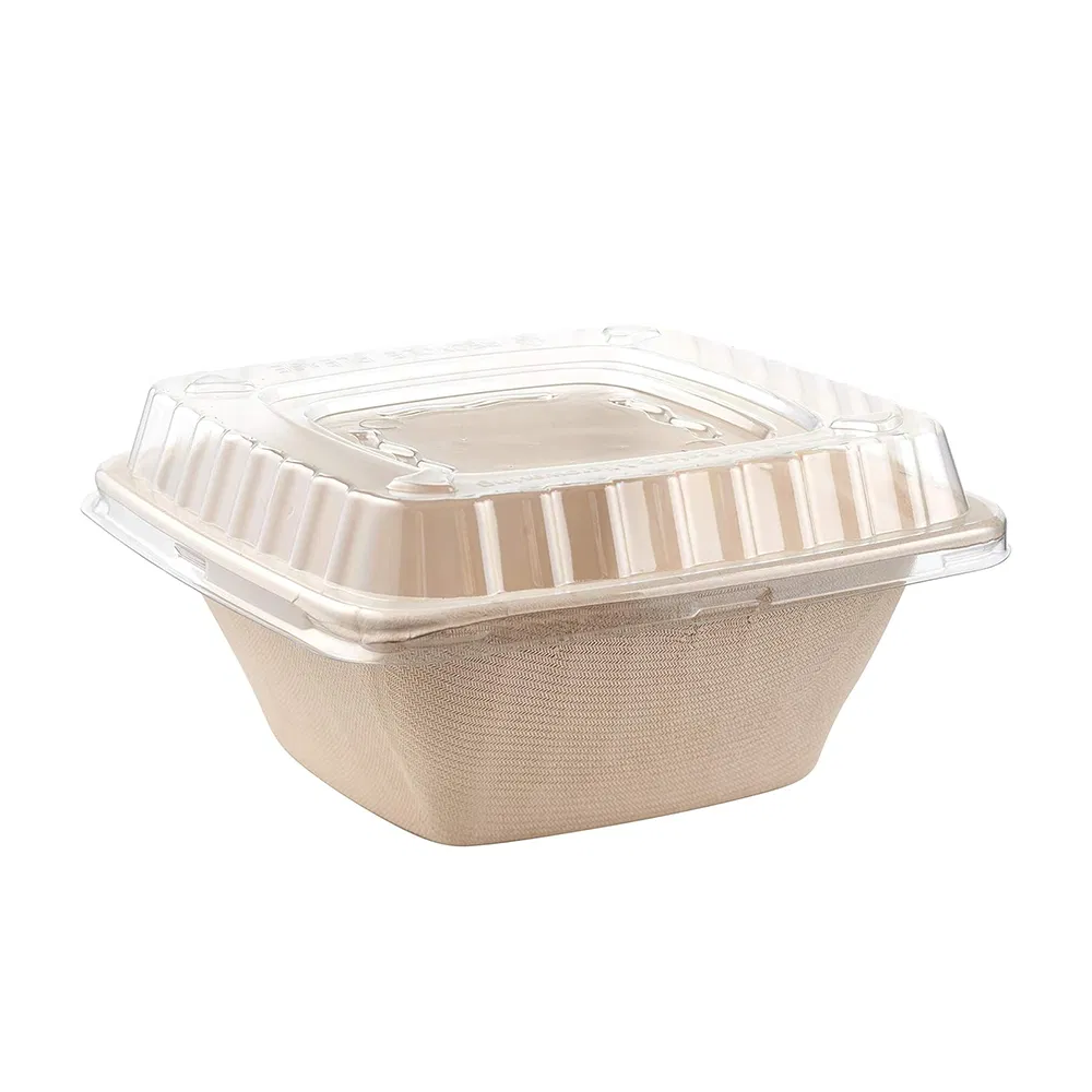 Disposable Biodegradable 32oz Container Restaurant Serving Square Sugarcane Sugar Cane Bagasse Noodle Salad Bowl with Clear Lid