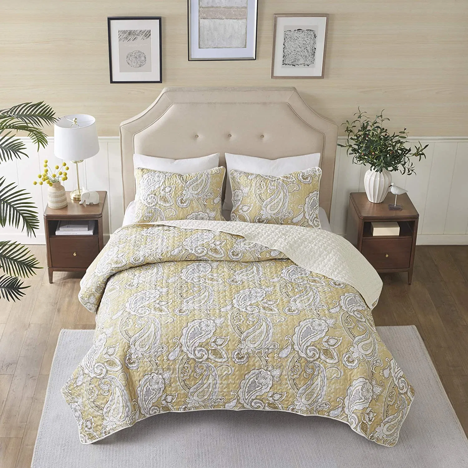 Vintage Quilt Floral Print Bedspread Reversible Coverlet Flower Quilts Leaves Bedspread Lightweight Yellow Floral Bedspread