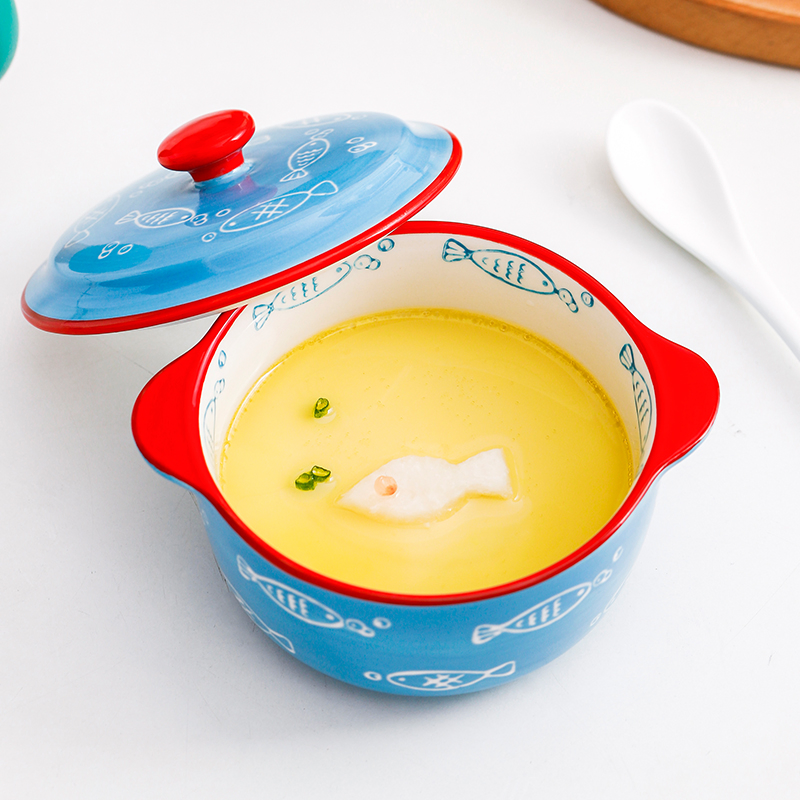 Children Tableware Hand Painted Small Stew Pot Ceramic Binaural Baking Soup Bowl