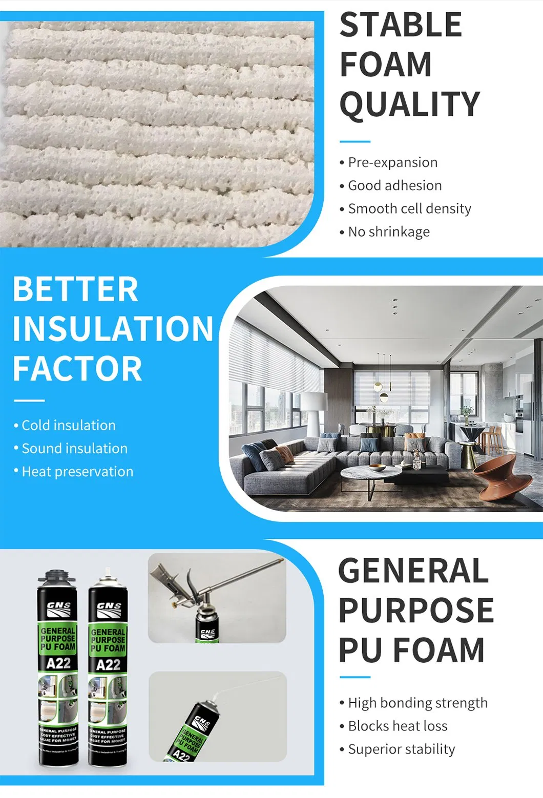 One-Component Expanding Foam for Installation of Window Multi-Purpose Polyurethane Foam