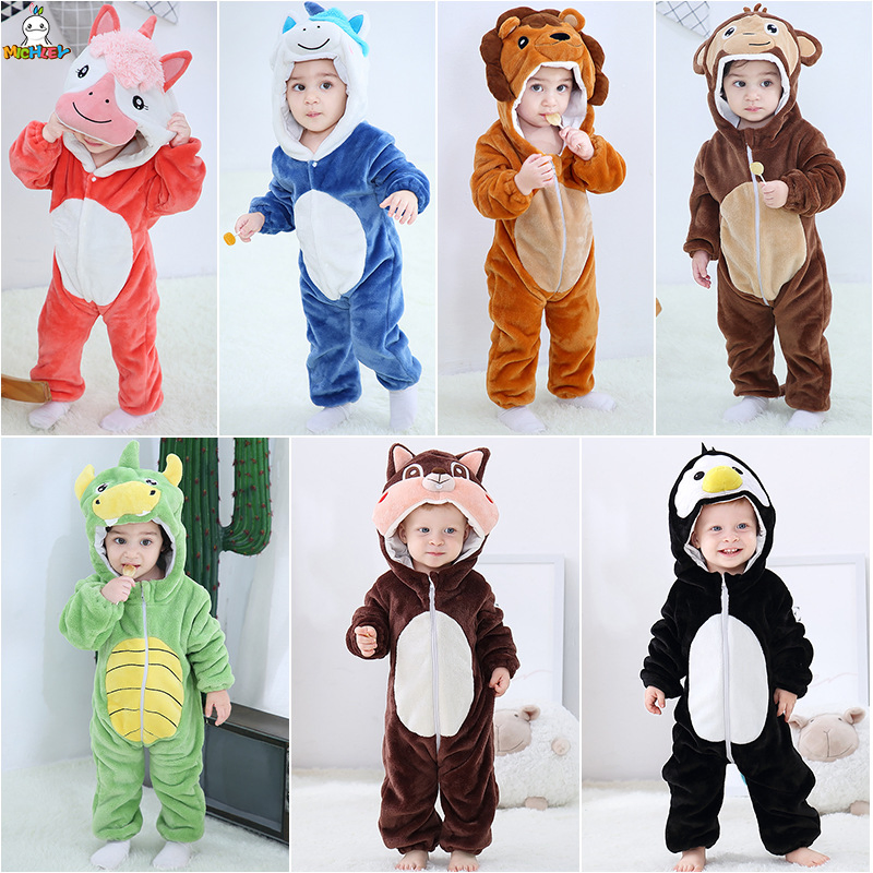 Amazon Cute Flannel Coral Fleece Baby Pajamas Rompers for Winter with Animal Designs