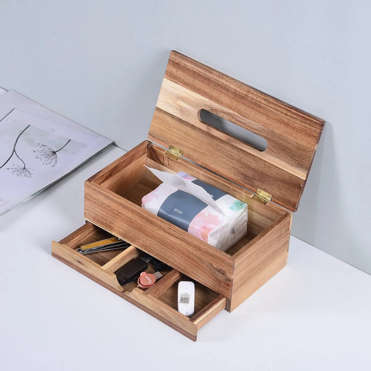 Decorative and Multipurpose Bamboo Tissue Box Wood Tissue Box with Drawer