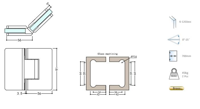 Heavy Duty 90 Degree Glass to Glass Hinge Custom Shower Door Made of Brass