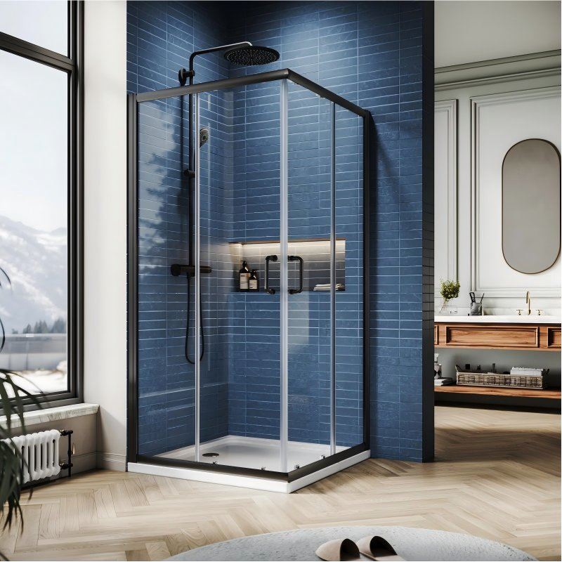 Corner Glass Shower Enclosure with Smooth Sliding Door System