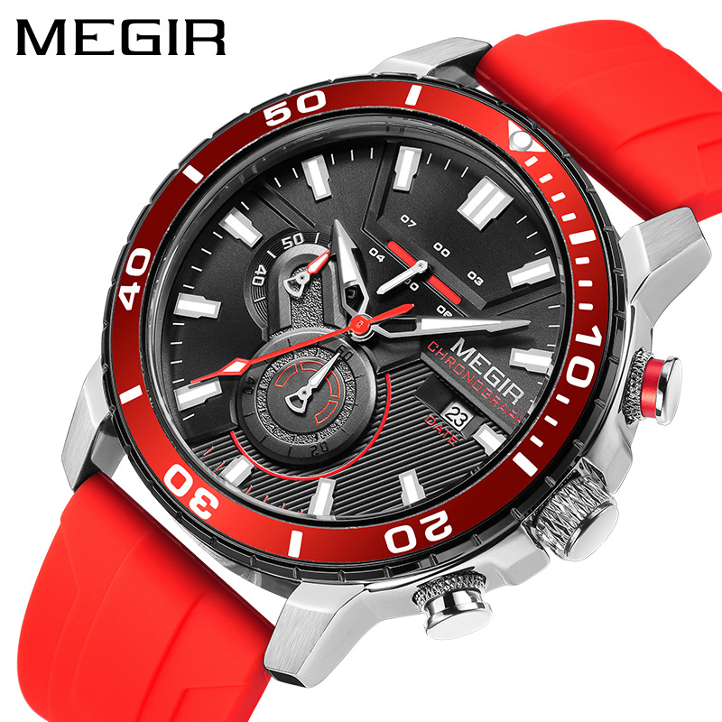 New Megir Men's Sports Silicone Strap Multi Functional Luminous Quartz Watch