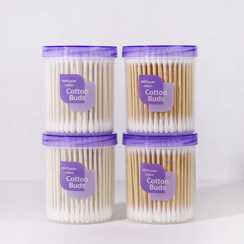 Purple Cylinder with Cover 100 Wooden /Paper Sticks Double-End Round Head Pointed Cosmetic Cotton Swabs