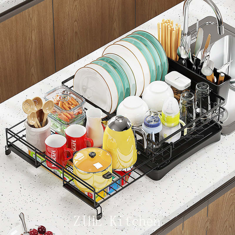 Kitchen Countertop Drain Bowls Dishes Tableware and Expandable Storage Rack