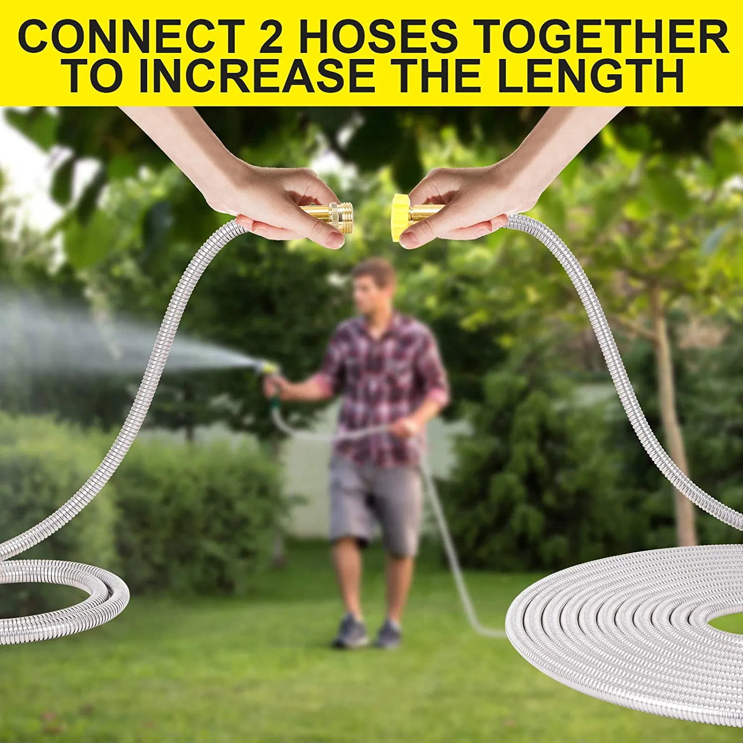 Metal Garden Hose 5FT - Short Hose Stainless Steel Heavy Duty Water Hose with Solid Adjustable Nozzle