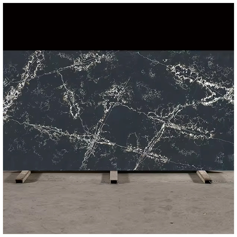 Engineered Ice Black Quartz Surface Slab for Kitchen Countertops