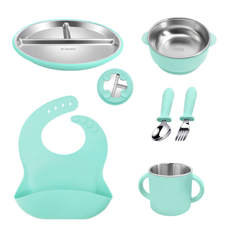 Children's Dining Silicone Tableware Set Baby Divided Stainless Steel Suction Plate for Toddler Food Feeding