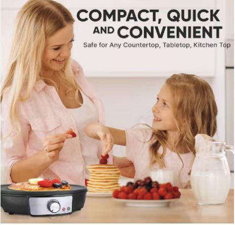 12" Griddle & Crepe Maker, Non-Stick Electric Crepe Pan W Batter Spreader & Recipe Guide- Dual Use Hot Plate for Blintzes, Eggs, Pancakes- Portable