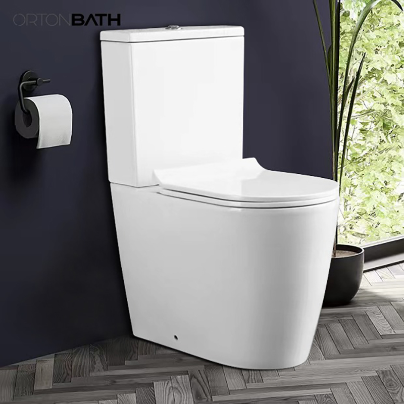 Ortonbath Spain Fully Back to Wall Close Coupled Back to Wall Rimless Bathroom Toilet with Cistern PP Soft Close Seat Cover Two Piece Toilet Bowl