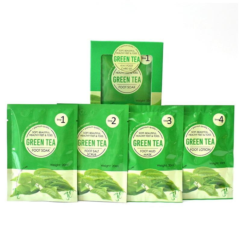 Aixin Cosmetics Foot Care 4 in 1 Green Tee Crystal Foot Mask Cream Scrub Soften Exfoliating Foot Jelly Pedicure SPA Kit Green Tee Foot SPA