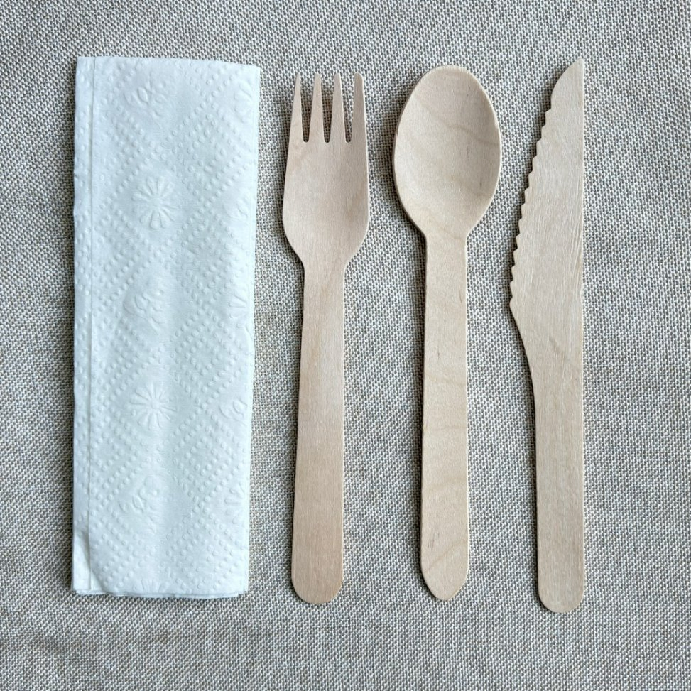 Disposable Biodegradable Flatware Including Spoon Fork Knife Made From Birch Wood