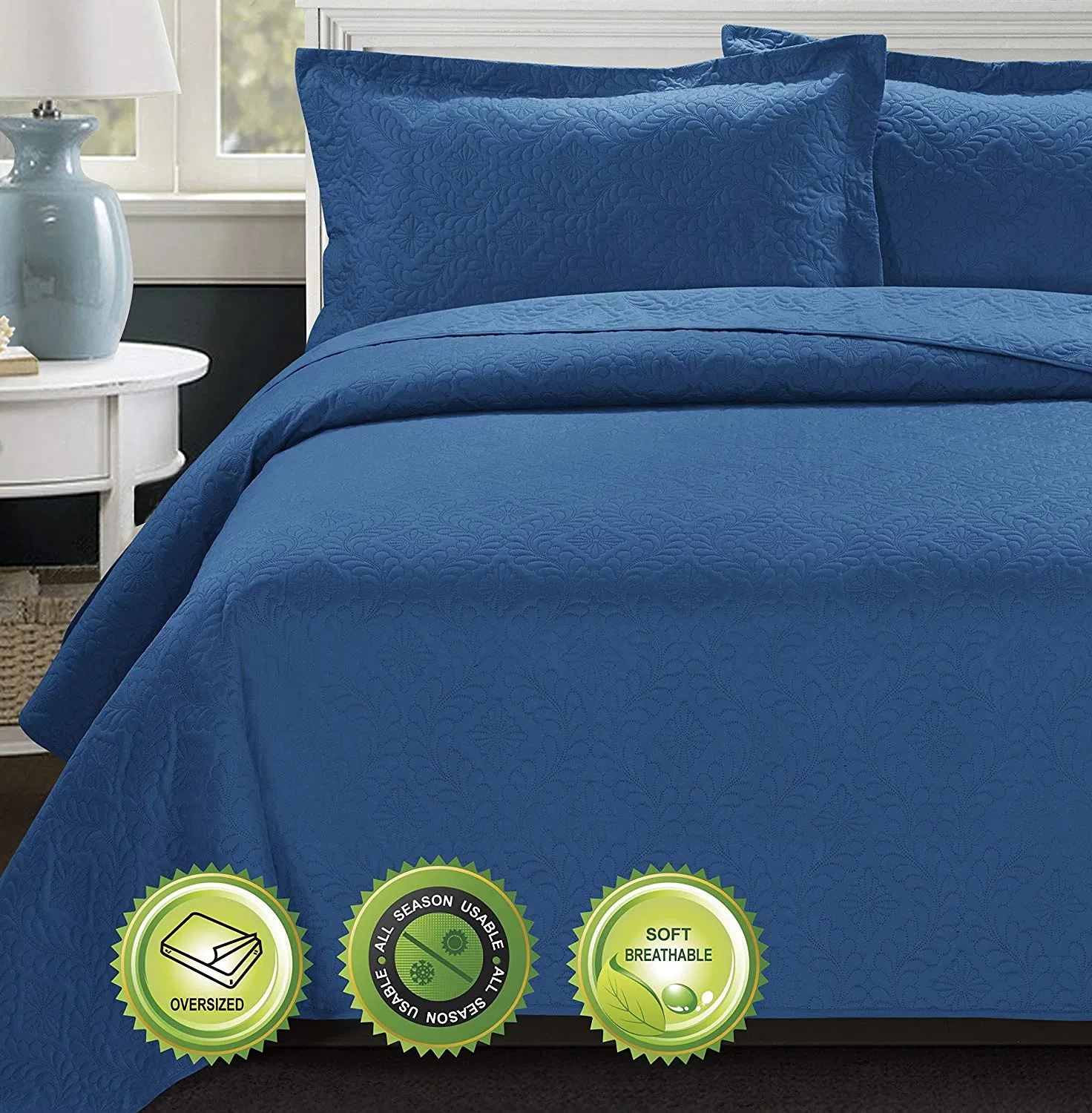 Solid Color Ultrasonic Heat Embossed Microfiber DOT Quilting Bedspread Quilt Set