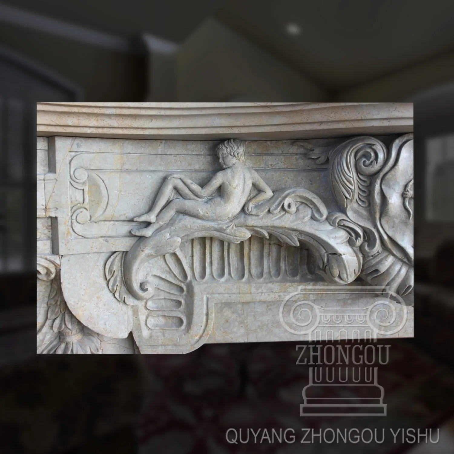 Great Figure Pattern Yellow Marble Fireplace Sculpture