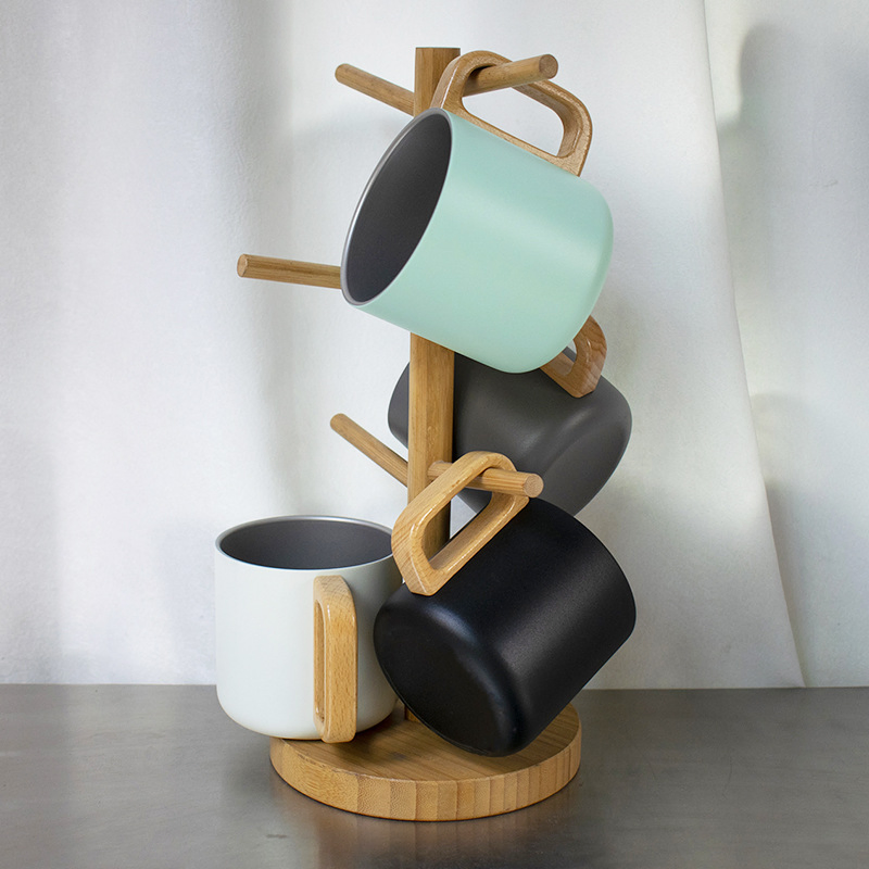 Double Wall Insulated Coffee Mug 10oz Bamboo Handle for Camping and Travel