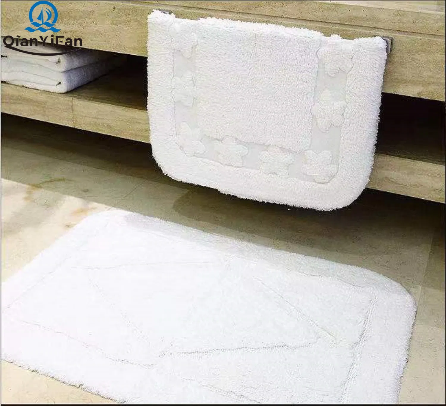 100% Cotton, Absorbent, Machine Washable, Soft Banded Bath Rug Mat for Bathroom Floors, Tub and Shower, 90*60cm, Bright White