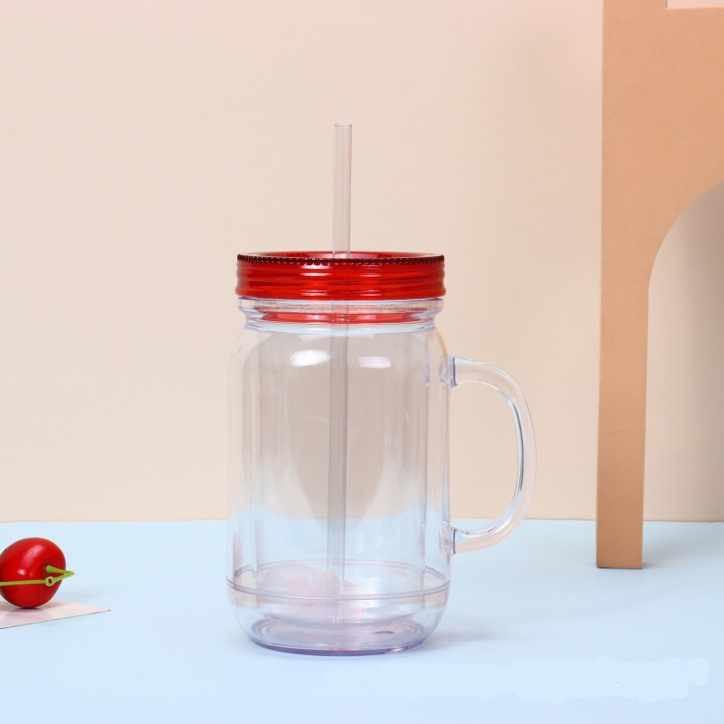 Transparent Clear Drinking Water Bottle 20oz Pre-Drilled Snow Globe Mason Jar Acrylic Plastic Double Wall Cup with Handle