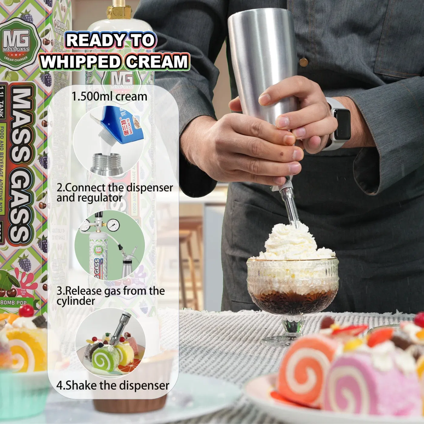 1.1L Nitrous Oxide Gas Cylinder Un1070 Bulk Buy 740g N2o Gas Cartridge Whip Cream Charger