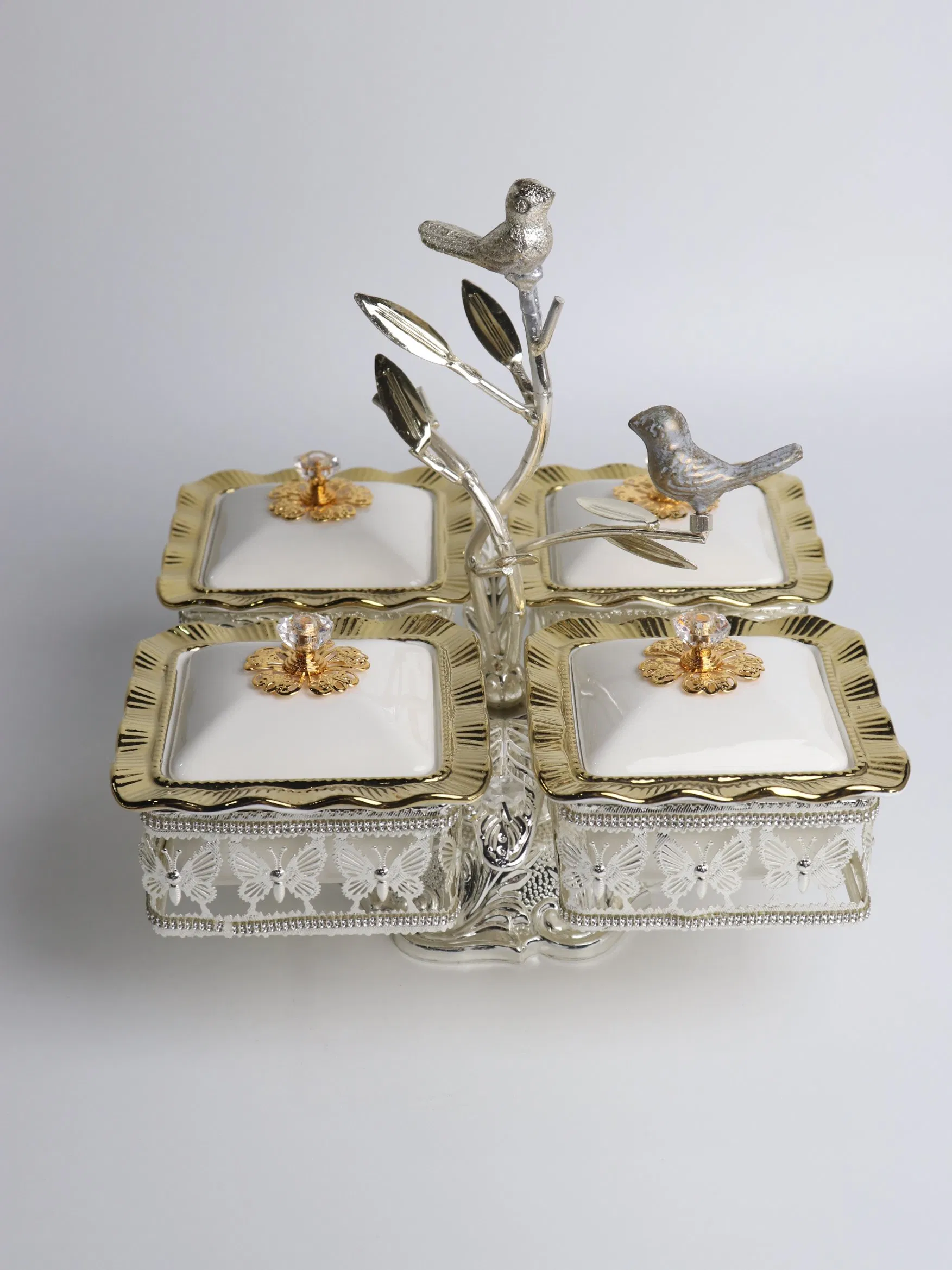 Home Ornament Gold-Plated Iron Frame with 4 Square Ceramic Bowl