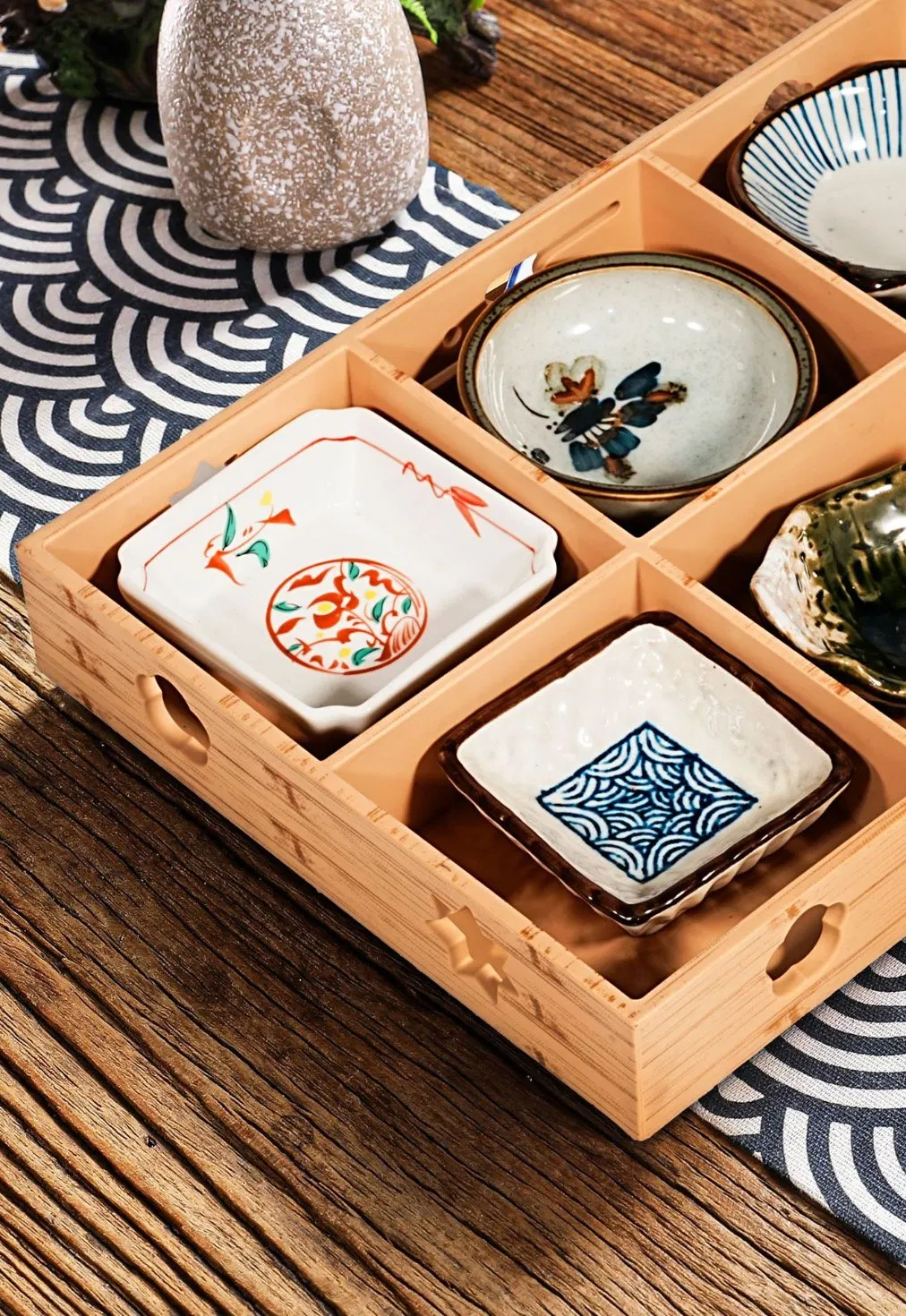 ABS Resin Wood Grin Pattern 6 Grids Box Japanese Cuisine Chinese Hot Pot Sauce Dishes Dessert Box Plate