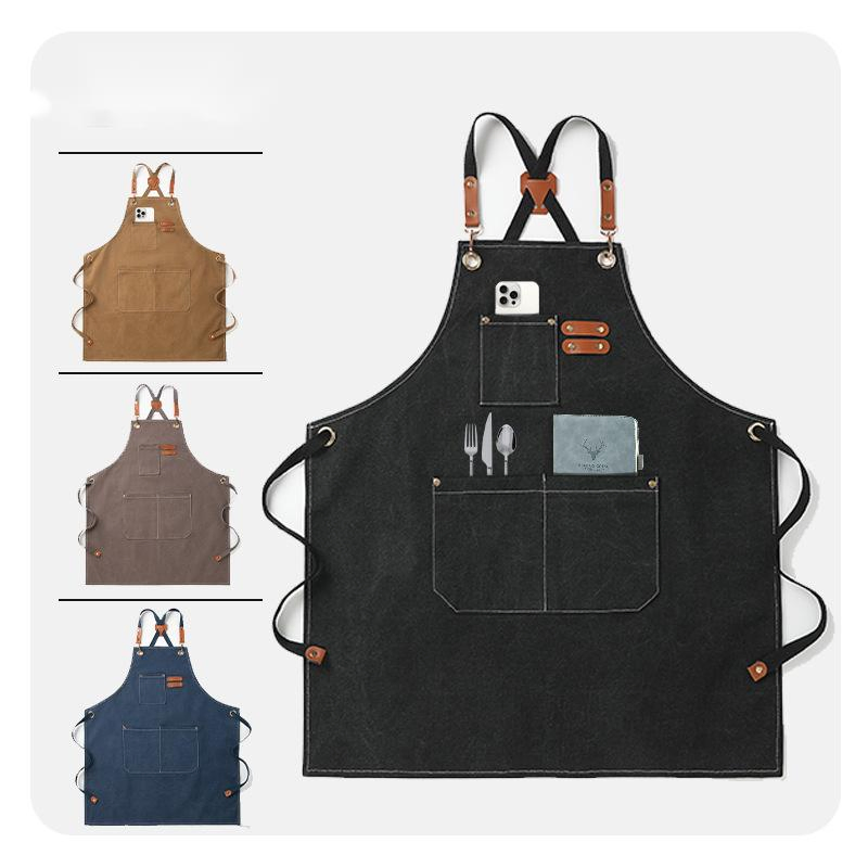 Cross-Border Thick Waterproof Canvas Custom-Logo Coffee Server Kitchen Apron