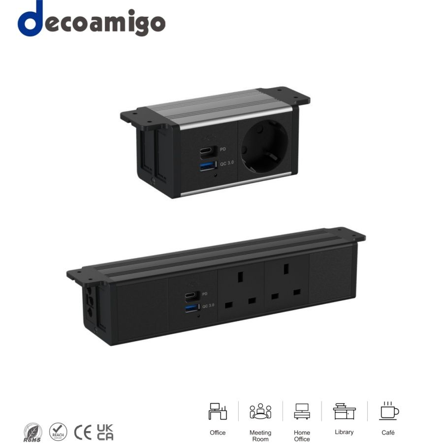 Decoamigo Desk Mount Power Strip Steckdose Under Desk Power Strip Desk Outlet Station with 3 AC Outlets, 2 USB Ports for Home Office