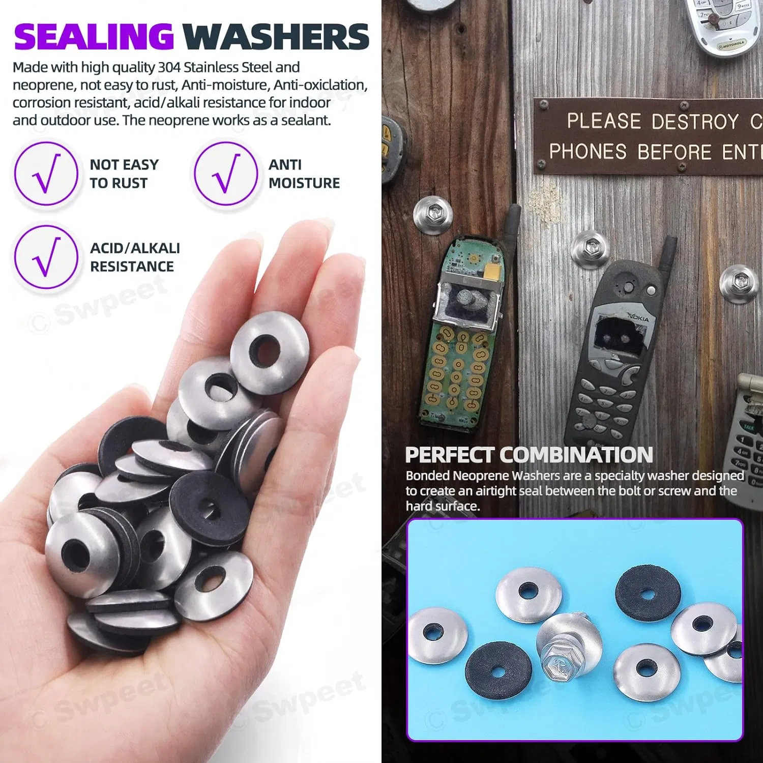 Hex Washer Head Self Drilling Screws with Stainless Steel #14 X 3/4" Neoprene EPDM Bonded Sealing Washers Gasket Kit, Self Tapping Sheet Metal Tek Screws