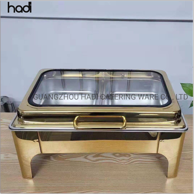 Catering Equipment Stainless Steel Food Warmer Big Golden Newest Design Rectangulaire Transparent Cheffing Luxury Glass Cover Roll Top Chafing Dish