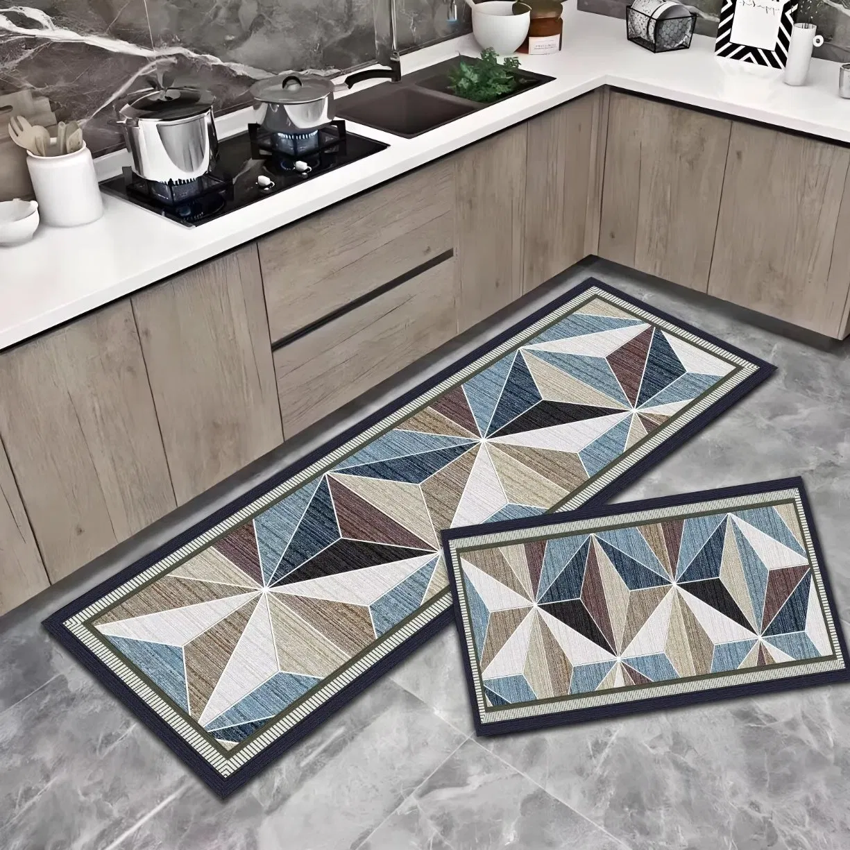 Set of 2 Waterproof Indoor Boho Floral Kitchen Floor Mats PVC and PU Anti-Fatigue Rug Boho Style Foot Mat